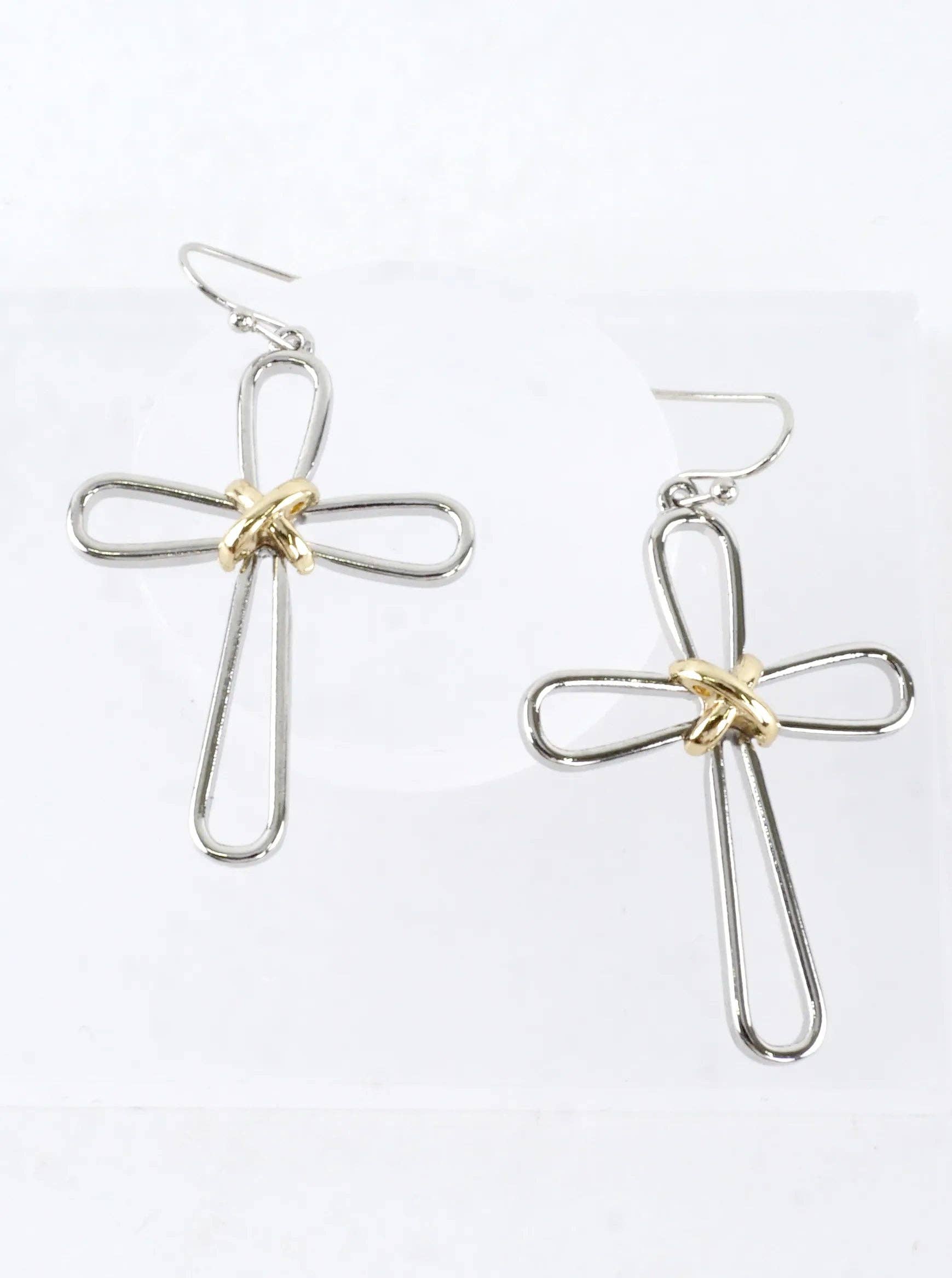 Modern Open Cross Wire Drop Earrings: Rhodium Gold