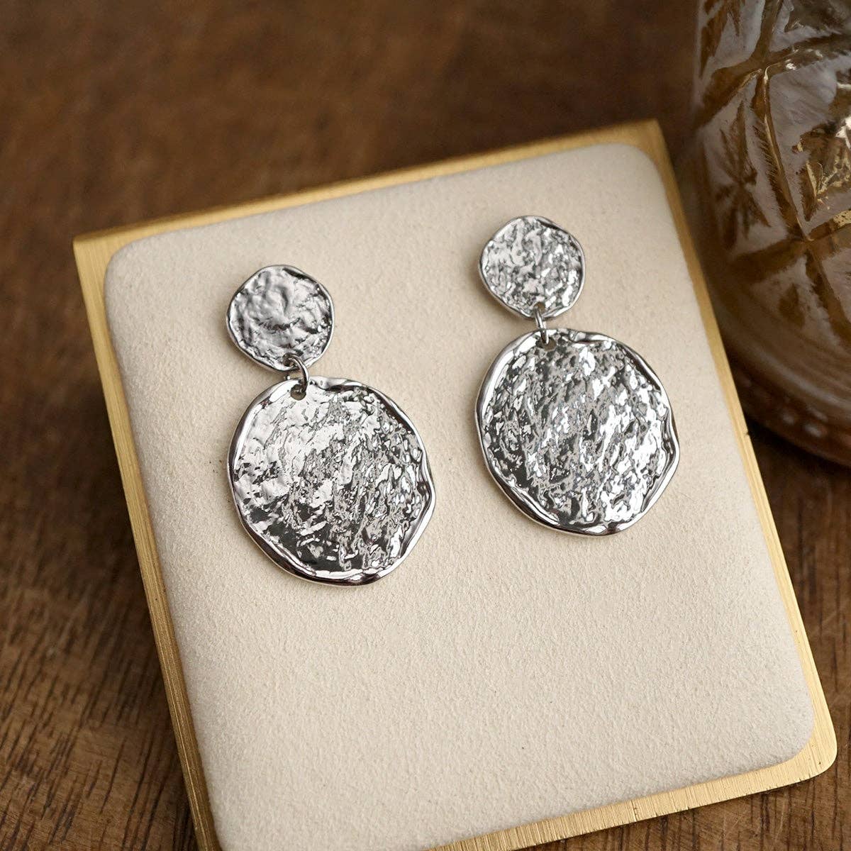 Golden Muse – Two Disc Textured Earrings: Silver Tone