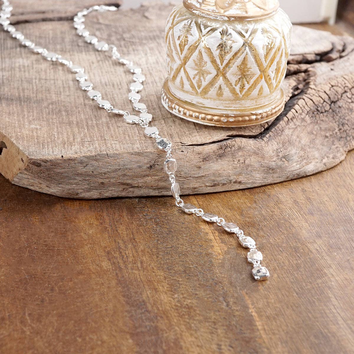 Desert Cascade – Textured Square Long Lariat Necklace: Silver Tone