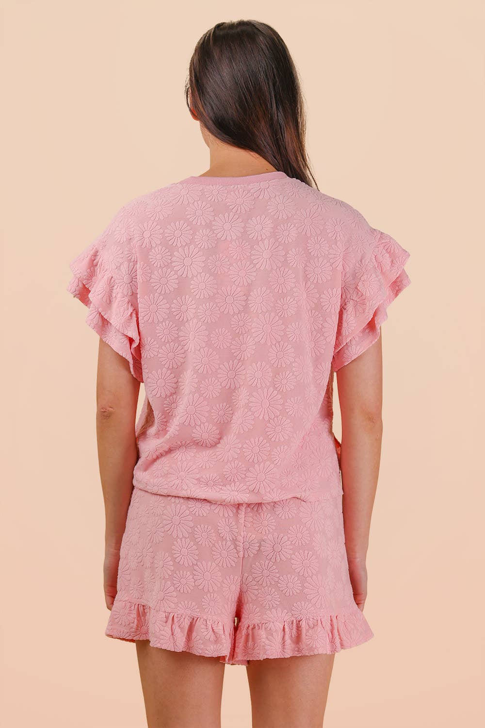 NEW IN — Floral Textured Ruffled Knit Top & Shorts Set: Pink