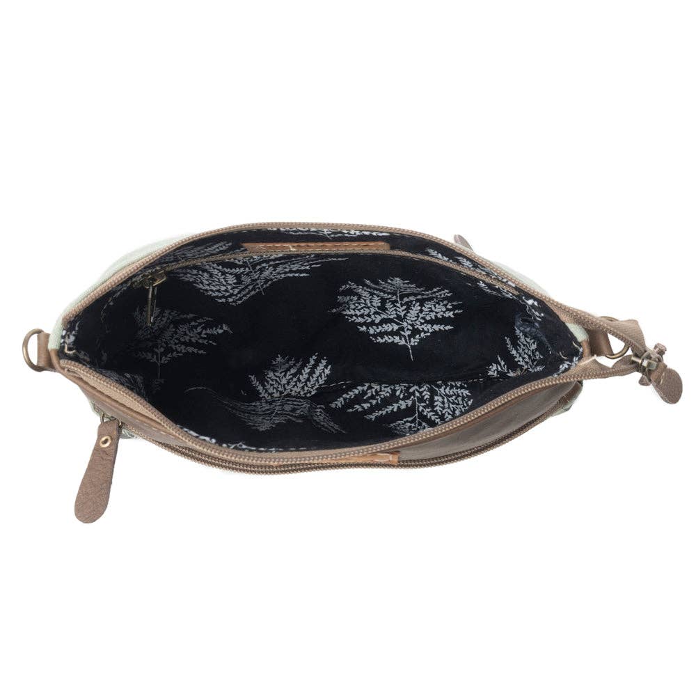 Wildprint Trail upcycled canvas crossbody Bag for Women in sage with floral detail: Sage