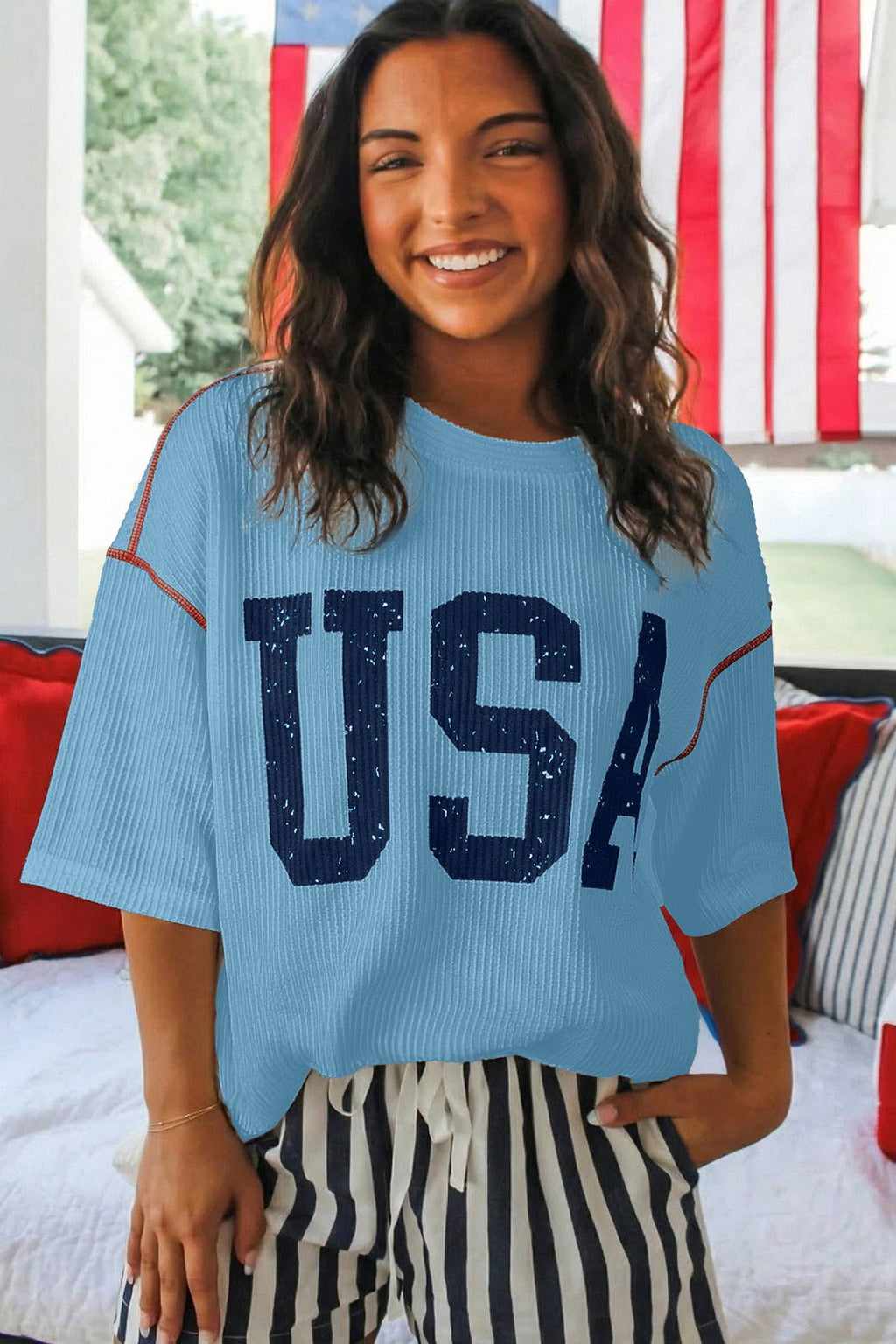 USA Graphic Half Sleeve Loose Ribbed Top: Beau Blue