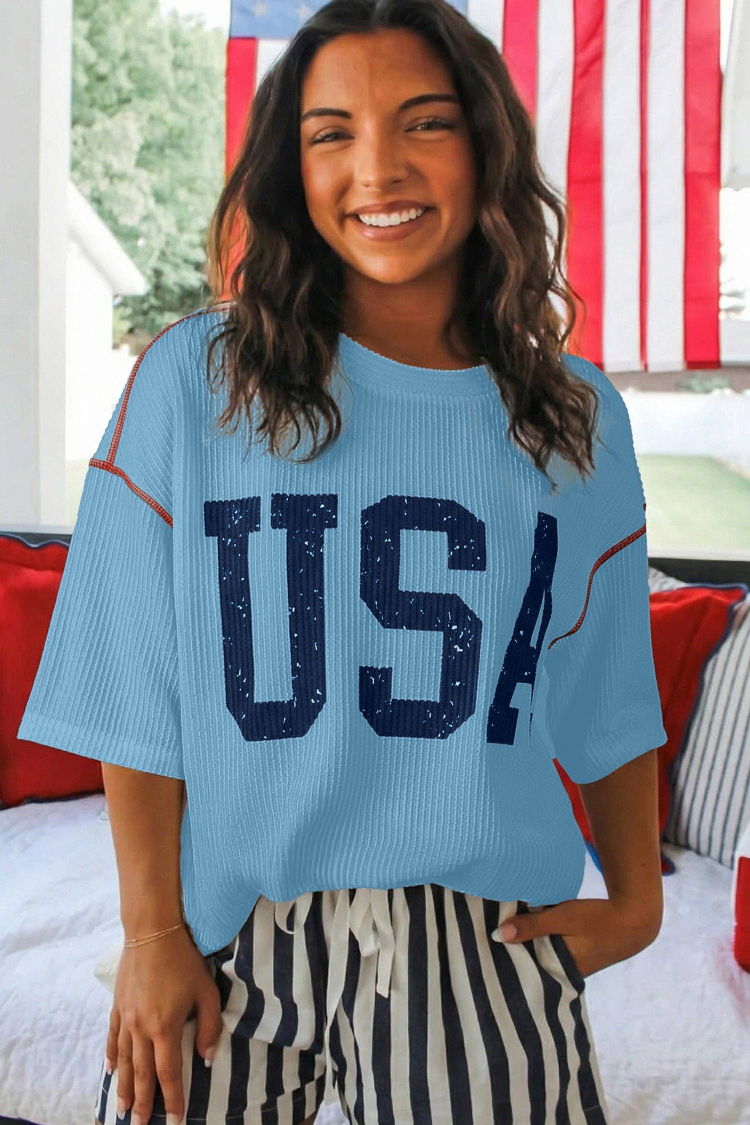 USA Graphic Half Sleeve Loose Ribbed Top: Beau Blue