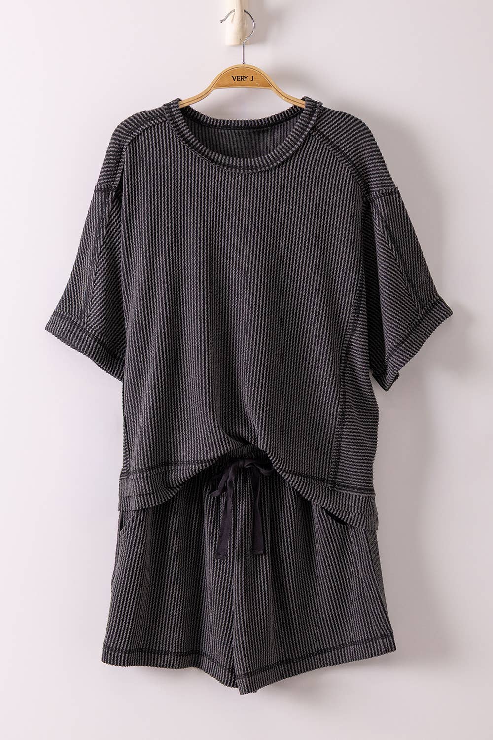 NEW IN — Ribbed Knit Comfy Top & Shorts Set: Charcoal
