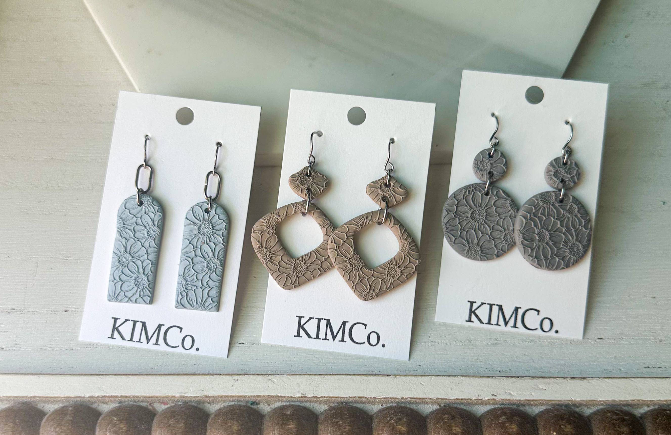 Polymer Clay Earrings-Valentines/Everyday-Embossed Floral: Driftwood Grey Circle / Stainless Steel Fishhook