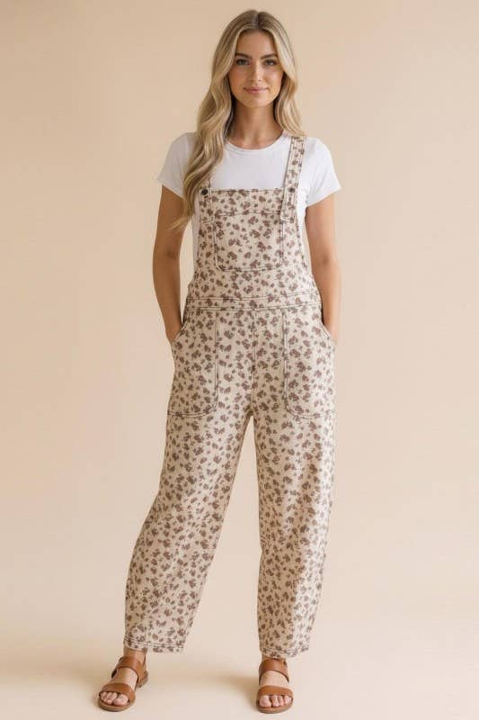 Barrel Bib Overalls Suspender Floral Jumpsuit: Oatmeal