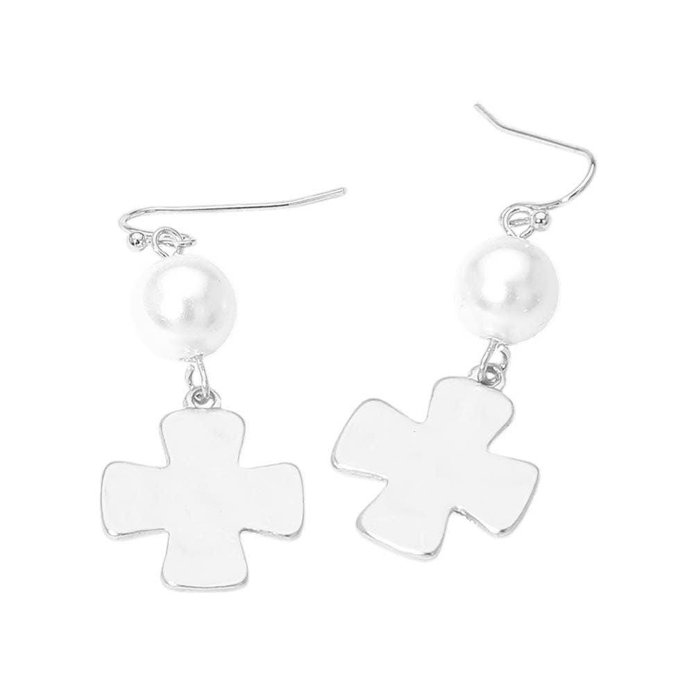Matte Hammered Metal Cross Pearl Link Drop Earrings: Silver