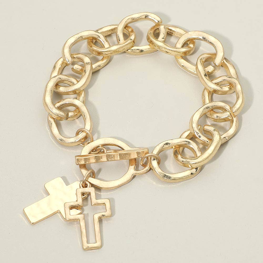 Hammered Layered Cross Charm Chunky Chain Toggle Bracelet: Gold,Worn Gold
