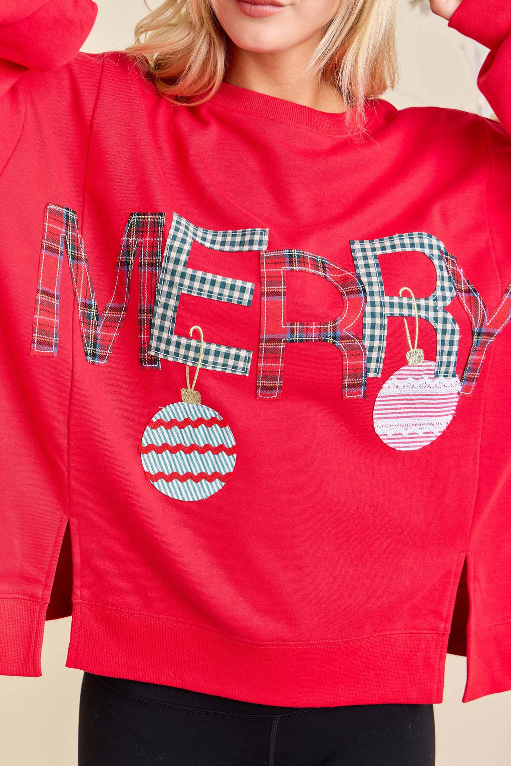 Merry With Ornament Patchwork Oversized Long Sleeve Top