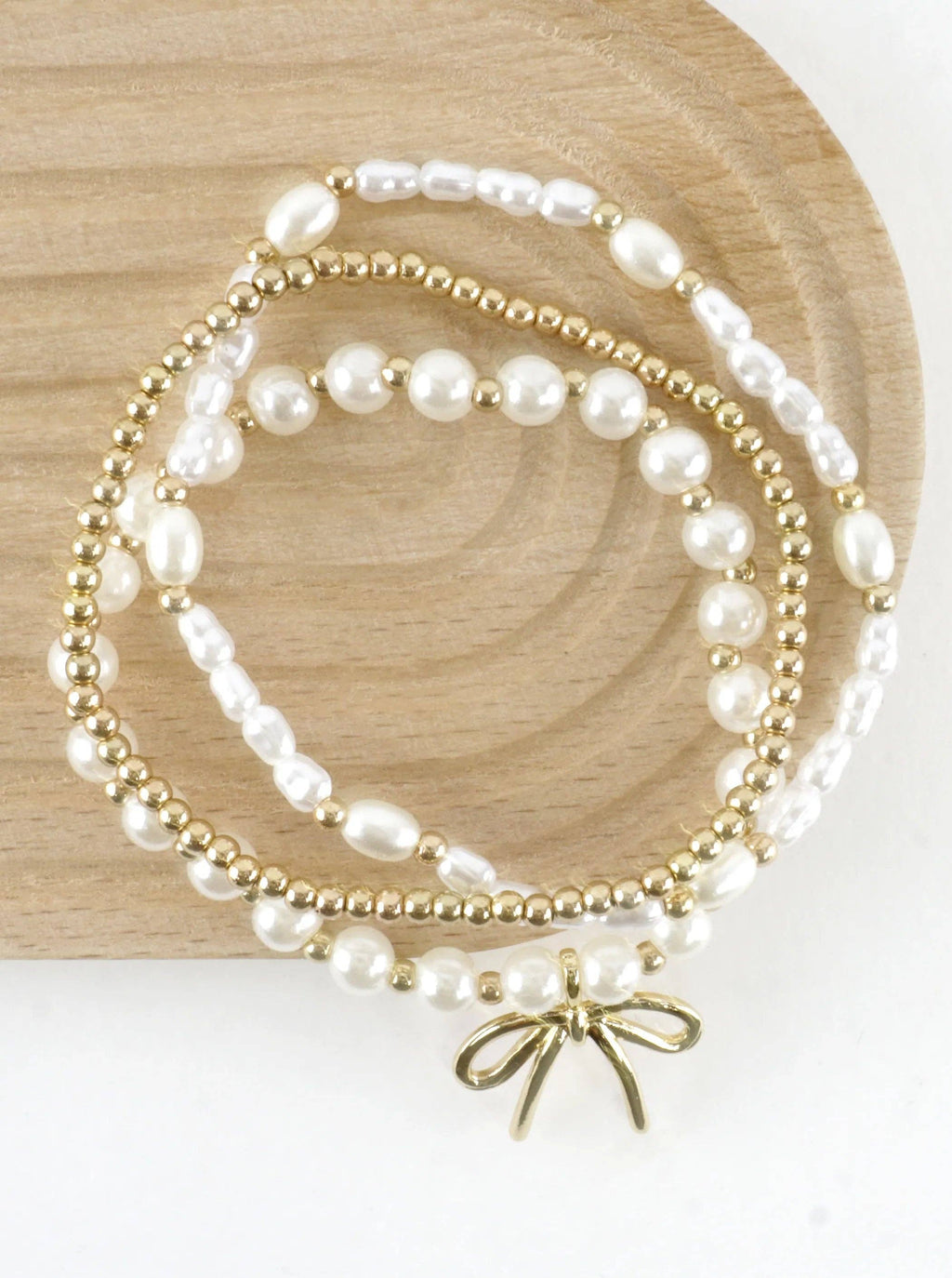 3 PC Set Pearl Ribbon Charm Bracelets: Gold