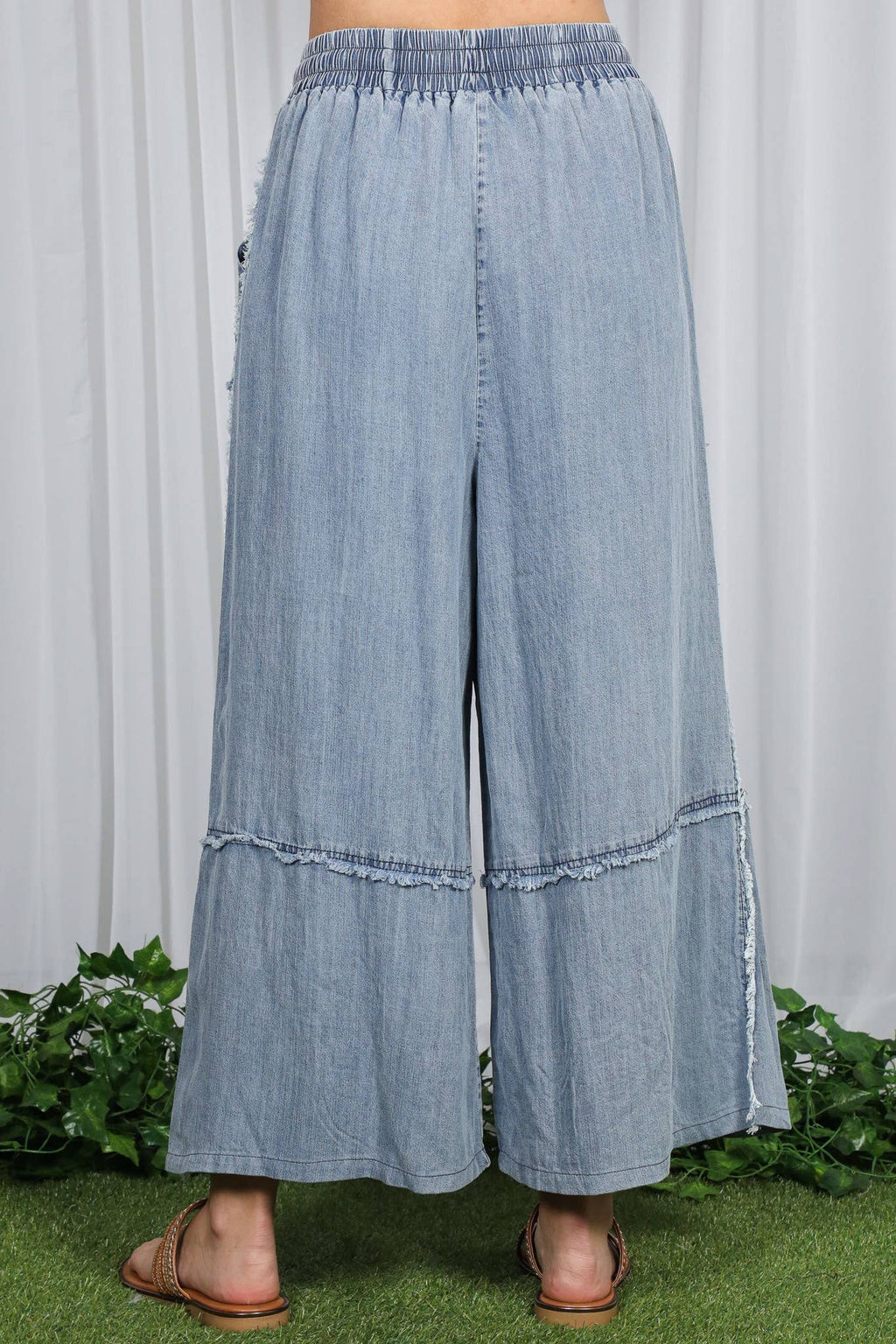 Self Fray 100%Tencel Chambray Washed Palazzo Pants: Washed Denim