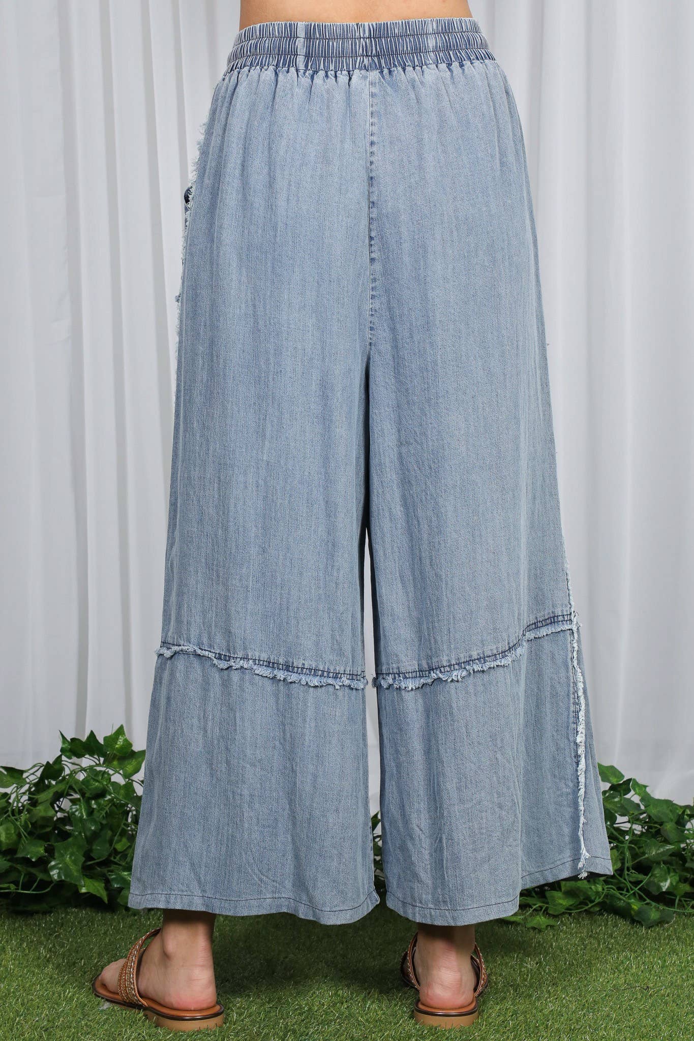 Self Fray 100%Tencel Chambray Washed Palazzo Pants: Washed Denim