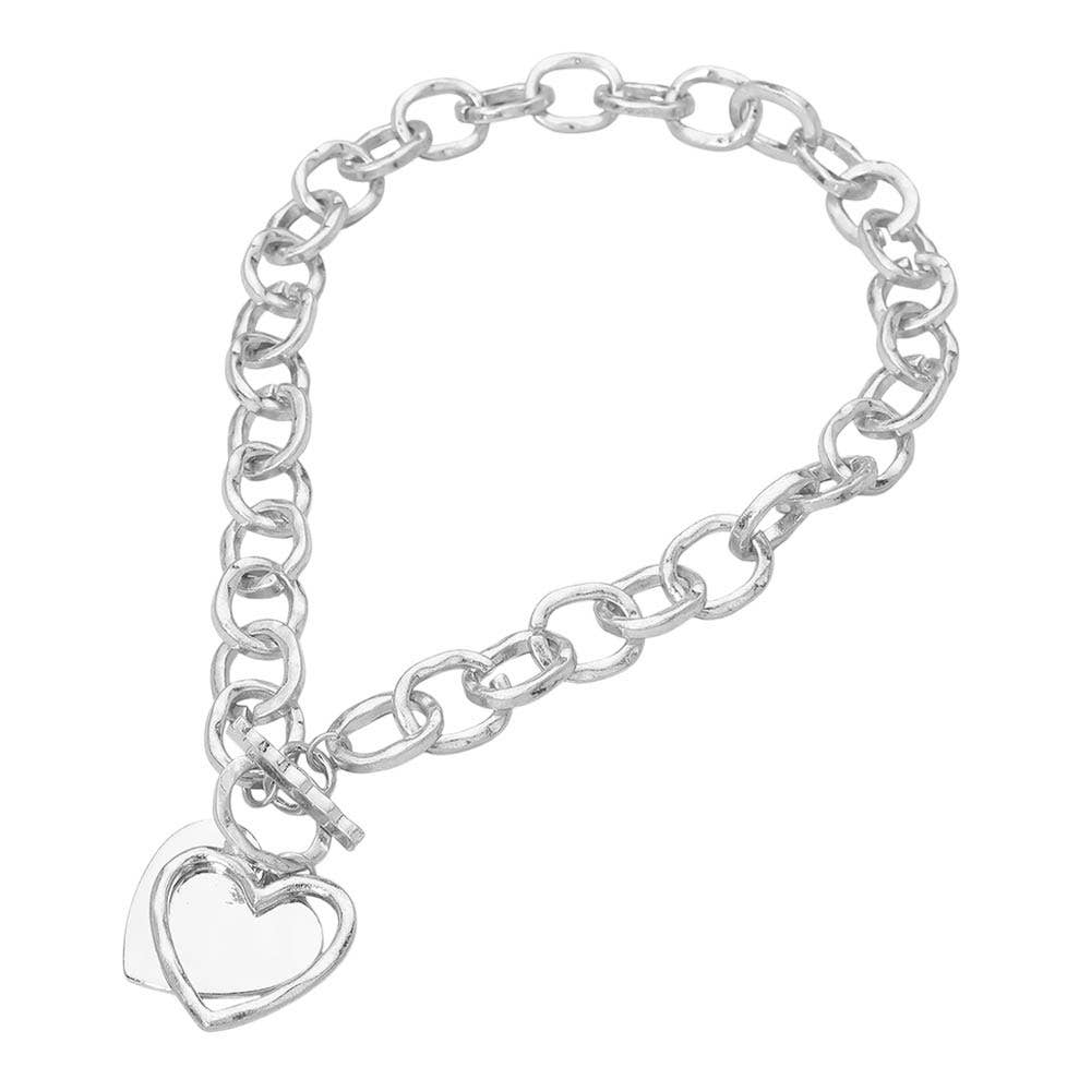 Hammered Layered Heart Pendant Chunky Chain Toggle Necklace: Rhodium,Worn Silver