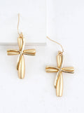 Twisted Ribbon 2 Tone Cross Drop Earrings: Matte Gold Gold
