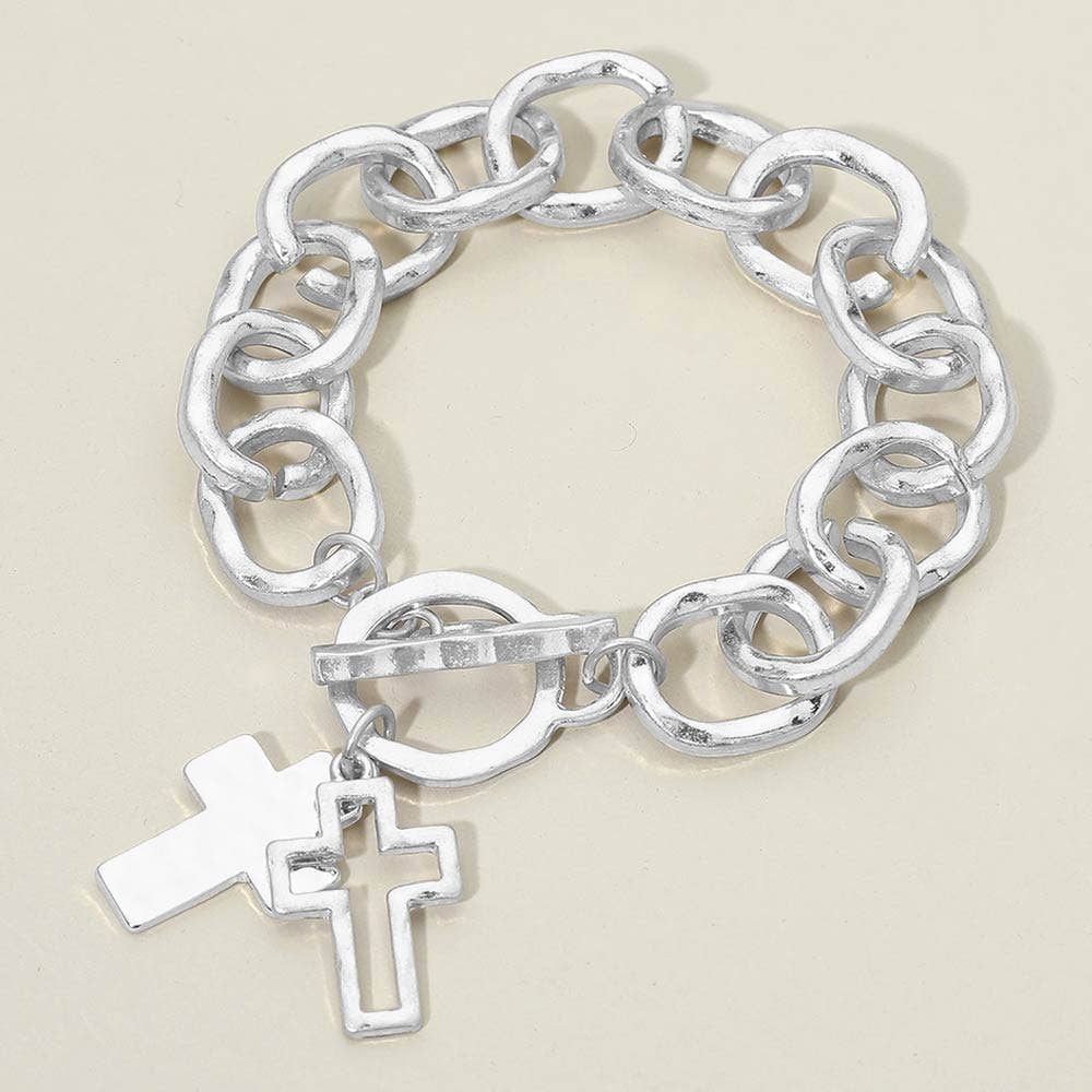 Hammered Layered Cross Charm Chunky Chain Toggle Bracelet: Rhodium,Worn Silver