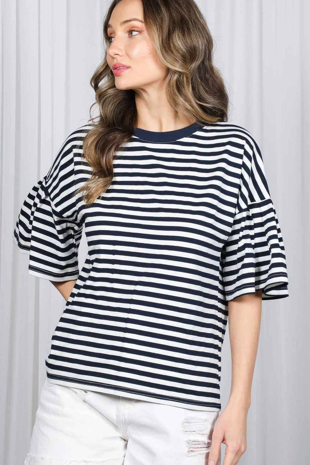 Pleated Flutter Sleeve Crew Neck Striped Knit Top: Navy