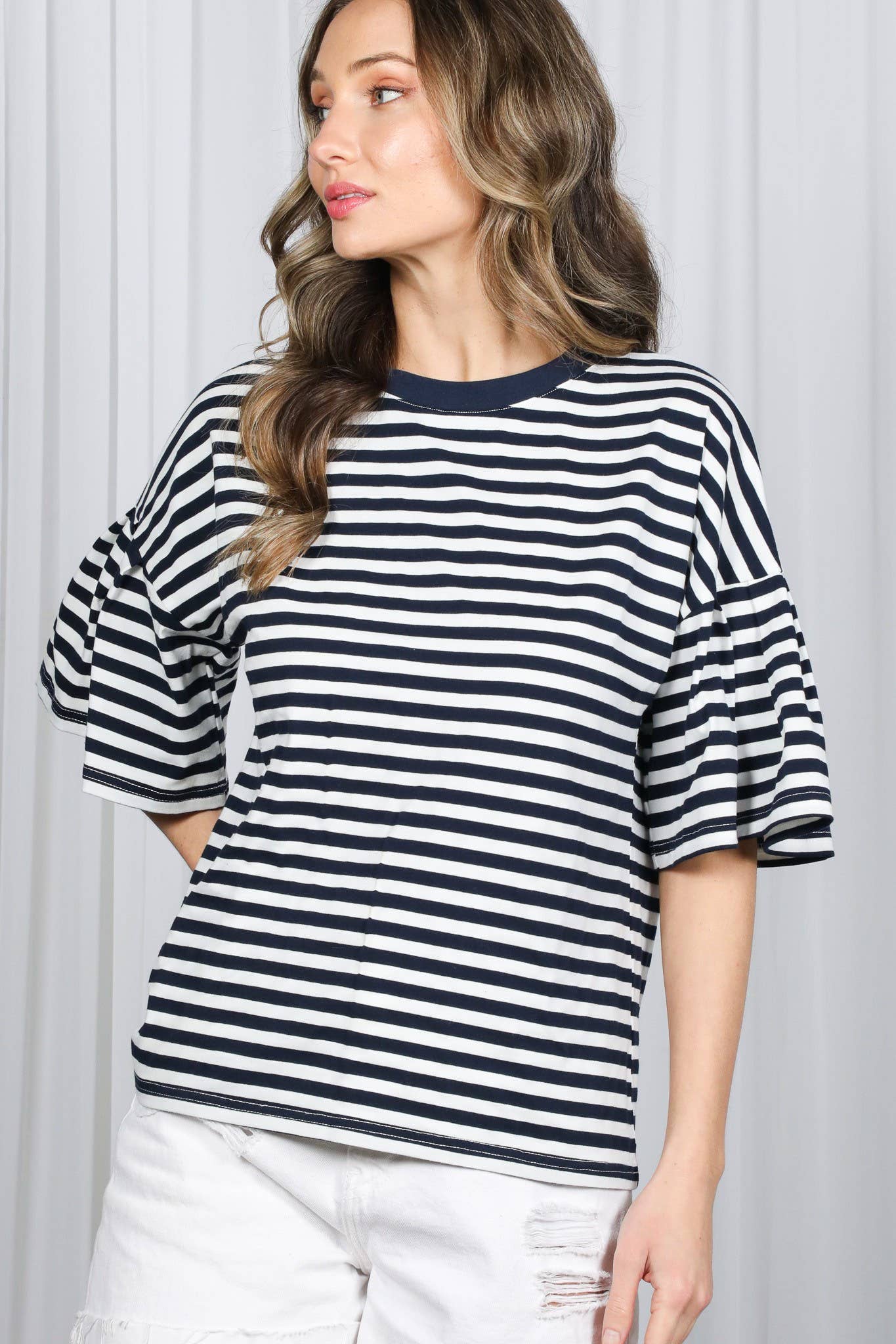 Pleated Flutter Sleeve Crew Neck Striped Knit Top: Navy
