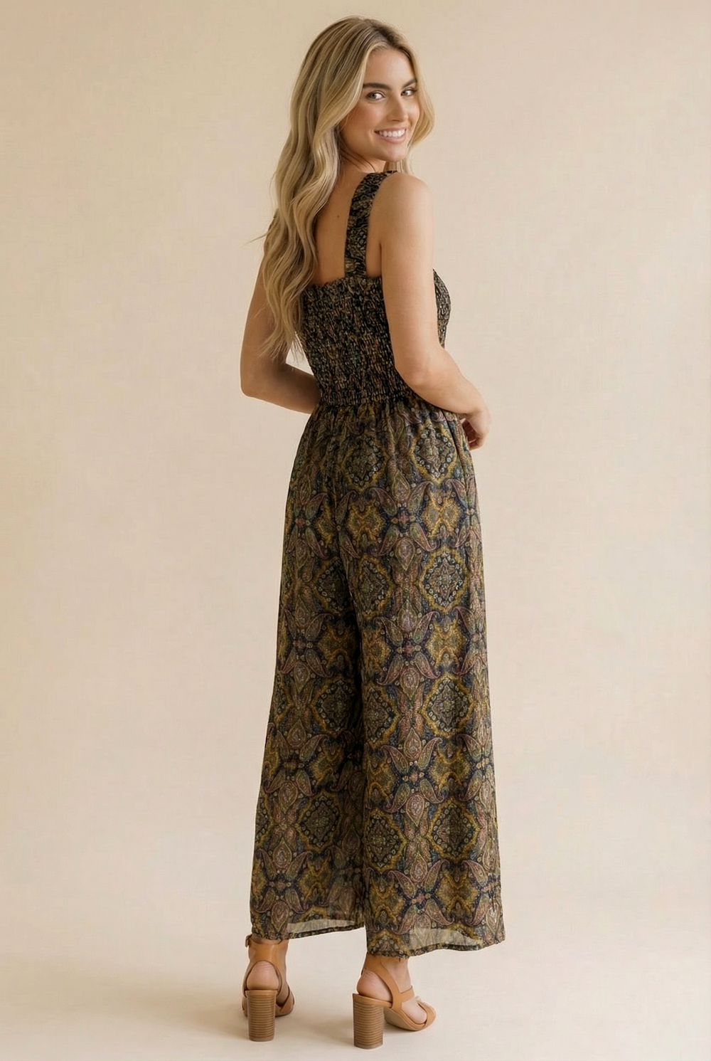 Frilled Paisley Smocking Wide Leg Jumpsuit