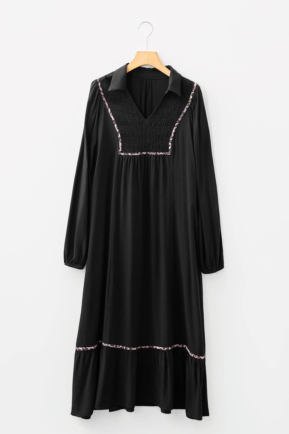 OMG! Leopard Trim Smocked V-Neck Midi Dress