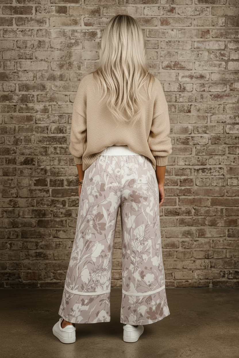 OMG! Floral Elastic Waistband Wide Leg Pants: Gray