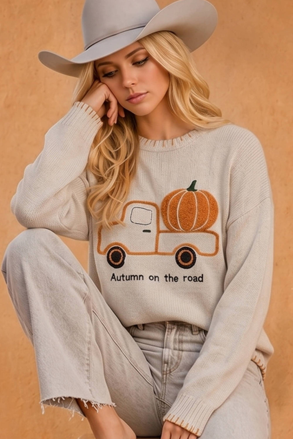 Autumn on the Road Pumpkin Truck Graphic Sweater