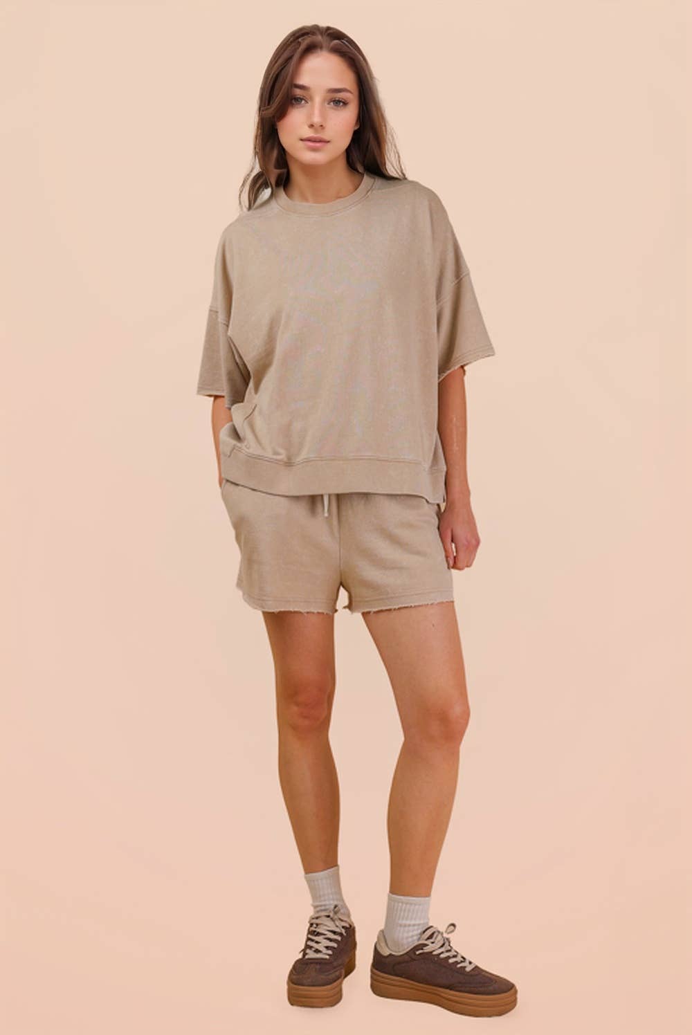 NEW IN — Mineral Washed Knit Casual Top & Shorts Set: Beige