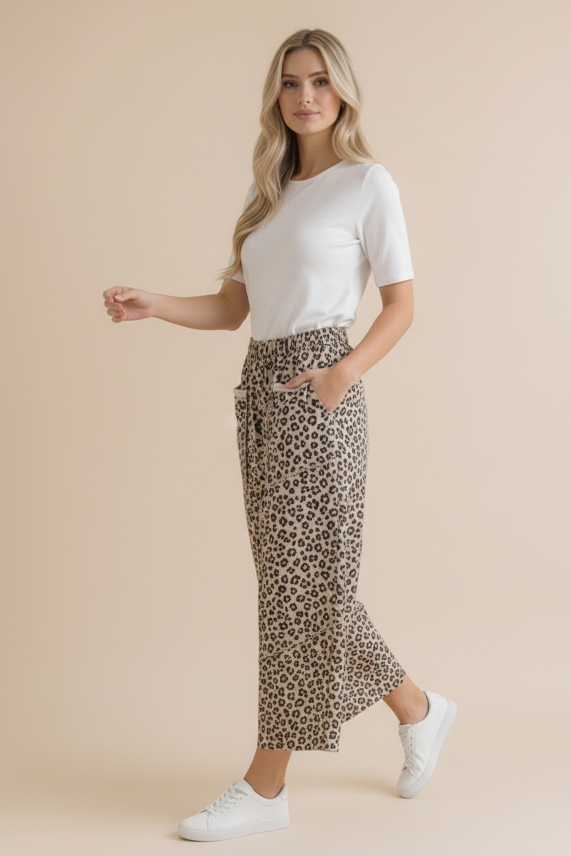 Leopard French Terry Wide Leg Pocket Pants: GREY