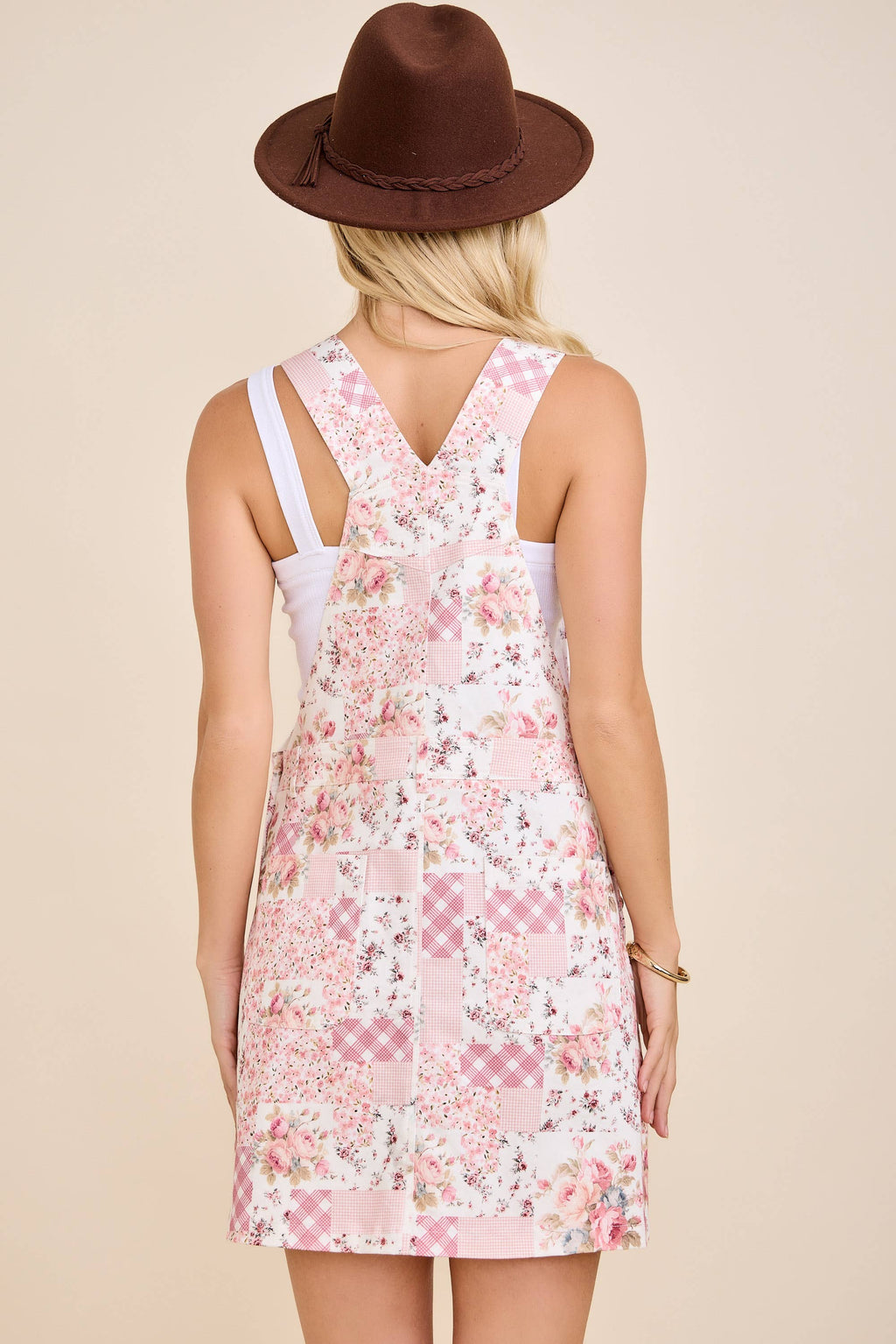 Floral Patchwork Print Overall Mini Dress: BLUE MULTI