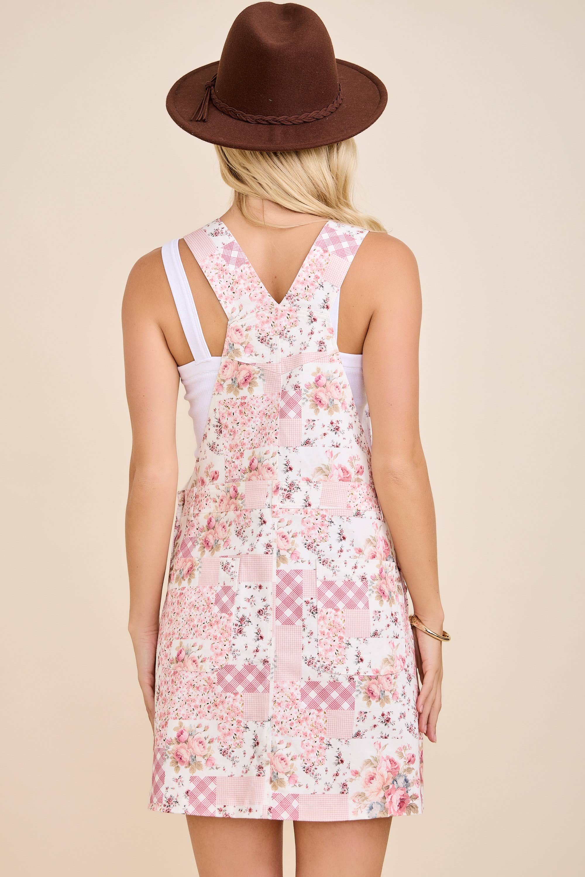 Floral Patchwork Print Overall Mini Dress: BLUE MULTI