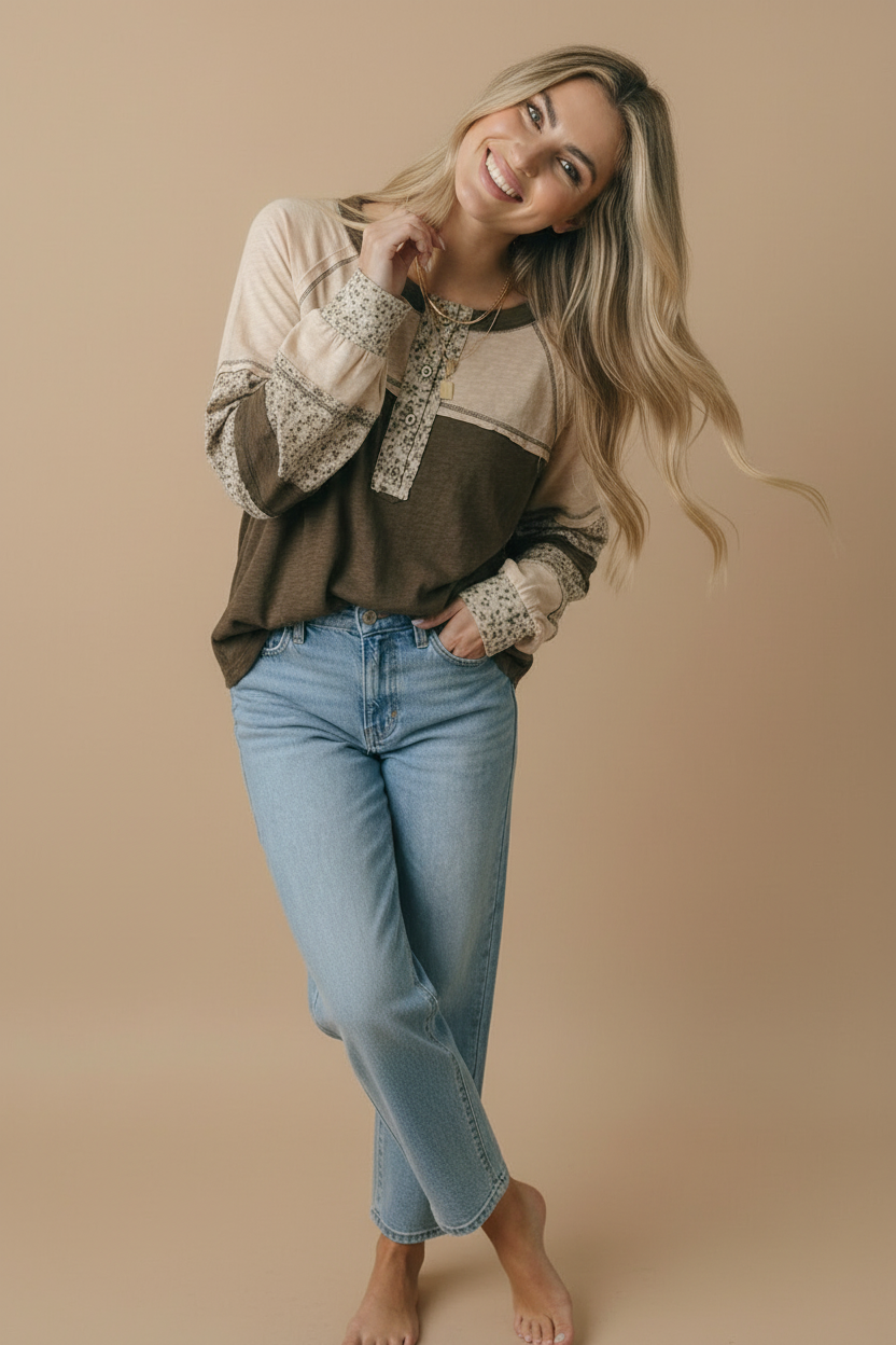Round Neck Floral Color Block Cotton Slub Top: OLIVE