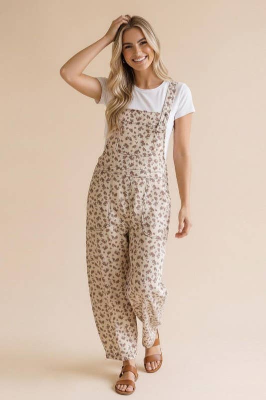 Barrel Bib Overalls Suspender Floral Jumpsuit: Oatmeal