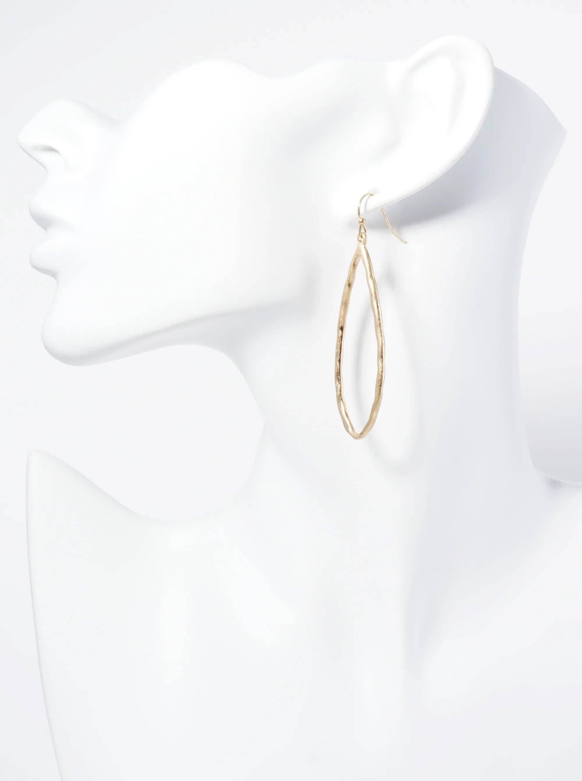 Hammered Metal Elongated Teardrop Dangle Earrings: WORN GOLD