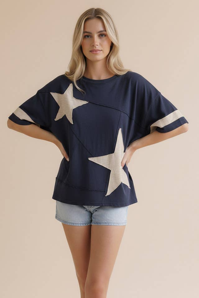 Star Patchwork Cotton Slub Knit Top: NAVY