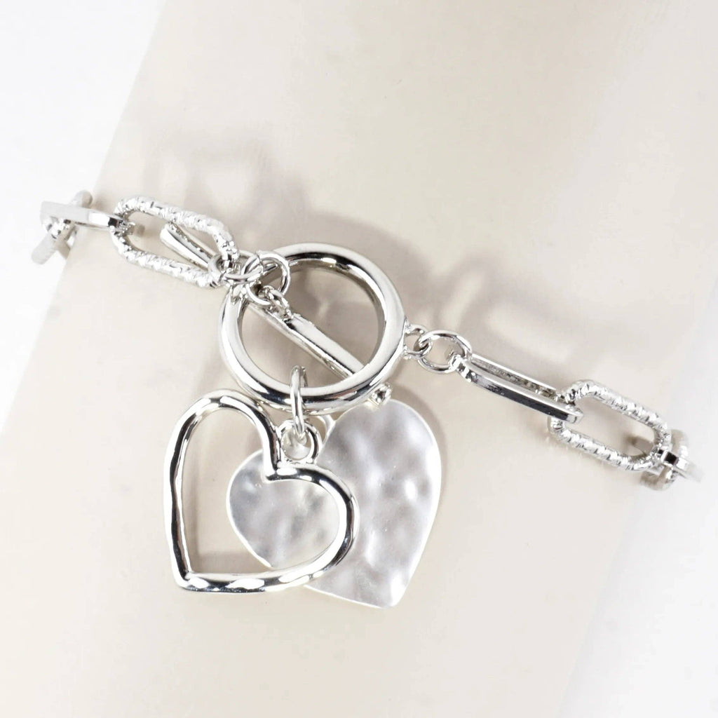 Hammered Heart Cluster Charm Toggle Bracelet: Rhodium Matte Silver