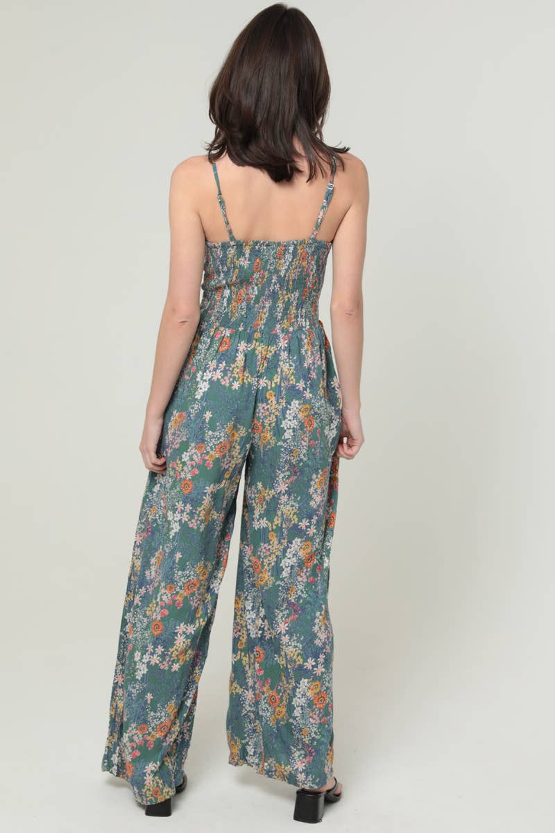 FLORAL PRINT V NECK TWIST FRONT JUMPSUIT WITH POCKETS