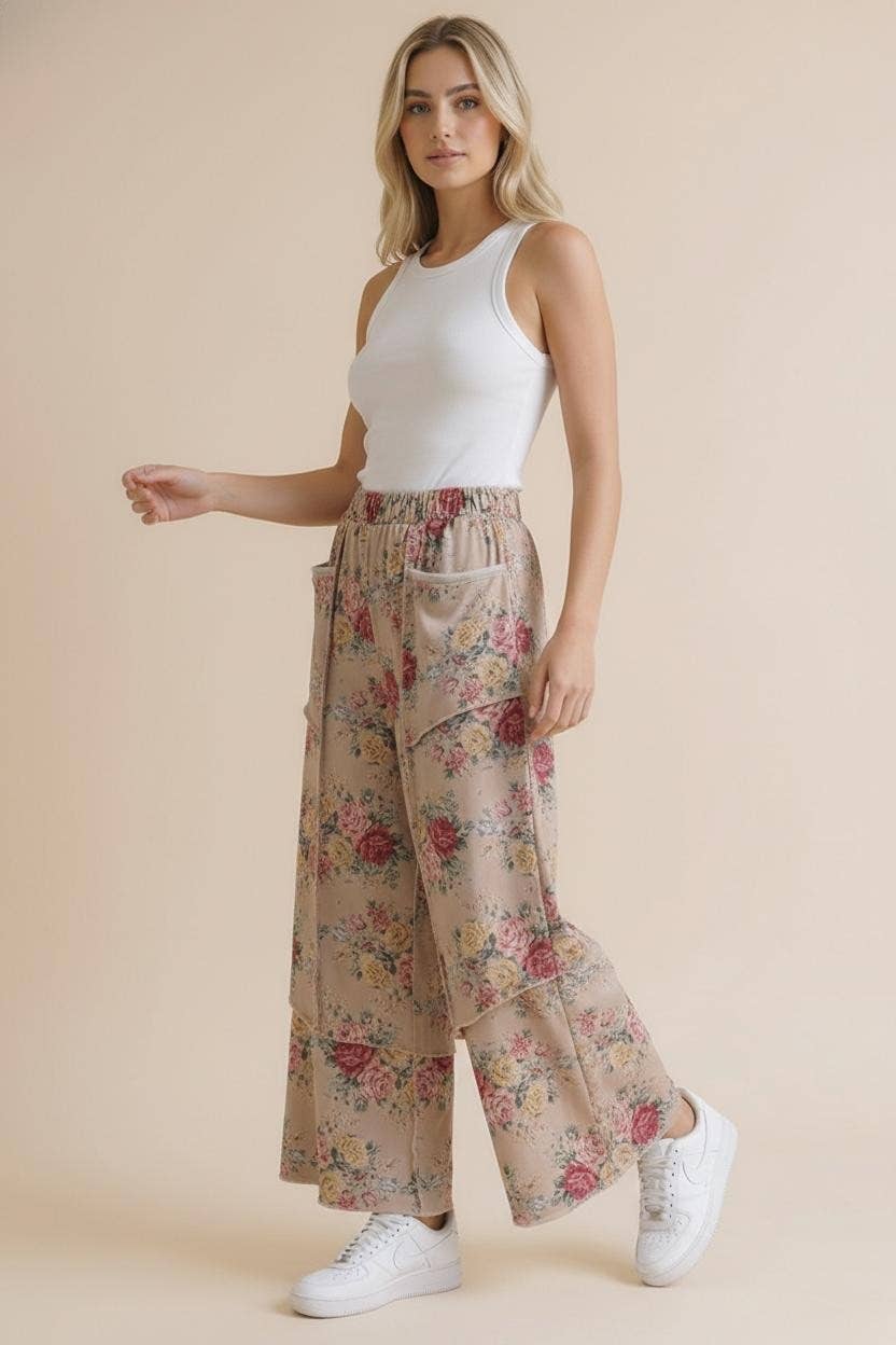 Elastic Waist Wide Leg Vintage Floral Pant: Oatmeal