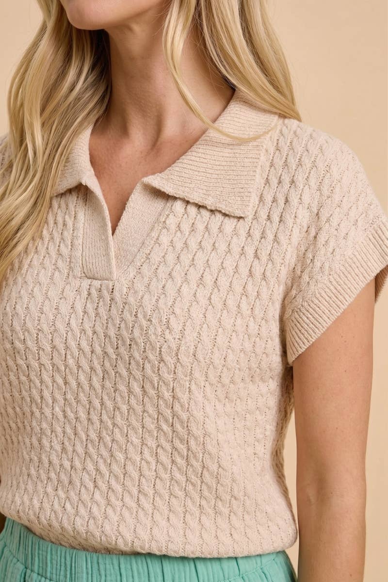 CABLE KNIT SHORT SLEEVE V NECK COLLARD SWEATER TOP: Beige