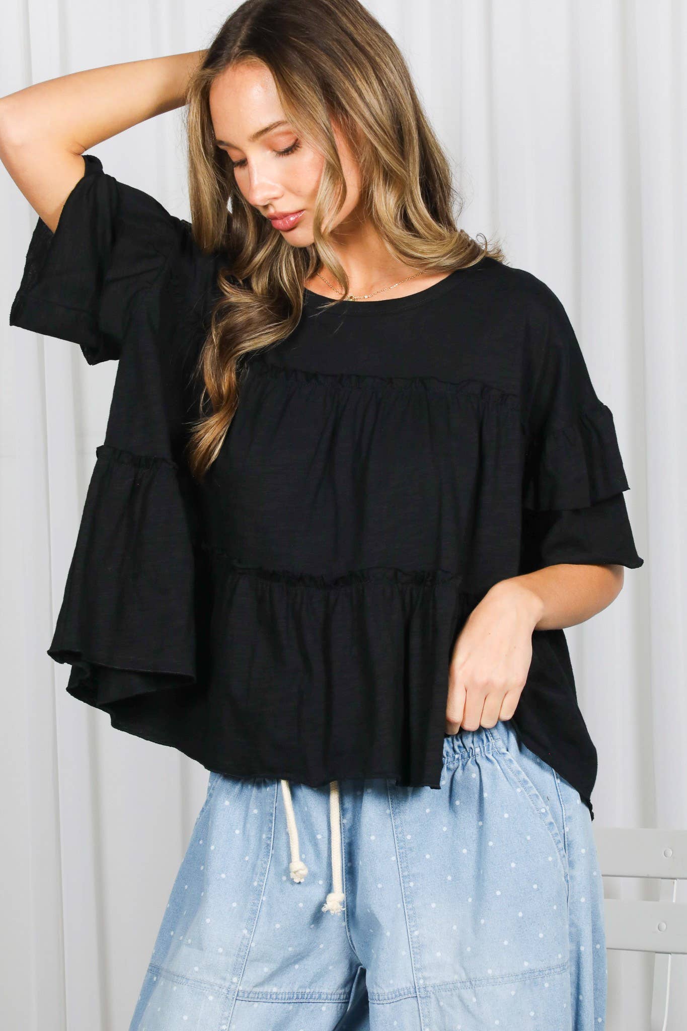 Ruffle Tired Crew Neck 100%Cotton Top: Black