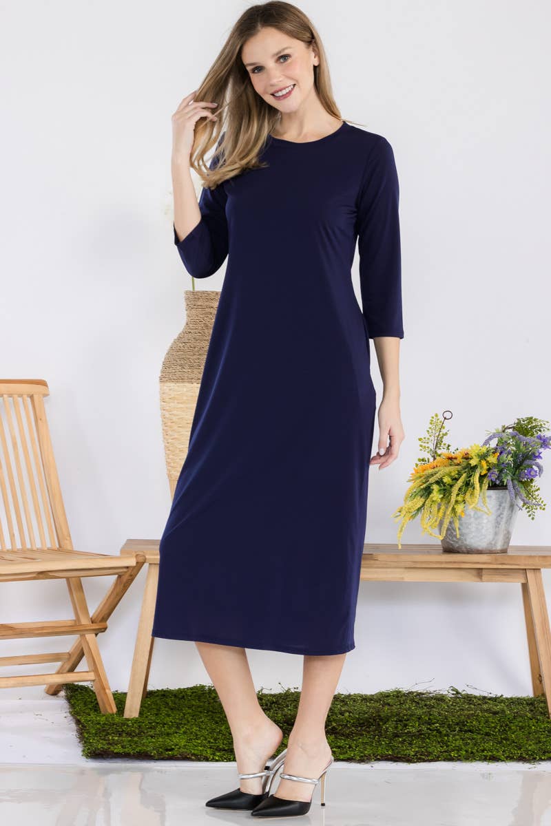 NEW PLUS SIZE CLASSIC LAYERING DRESS WITH POCKETS: Navy