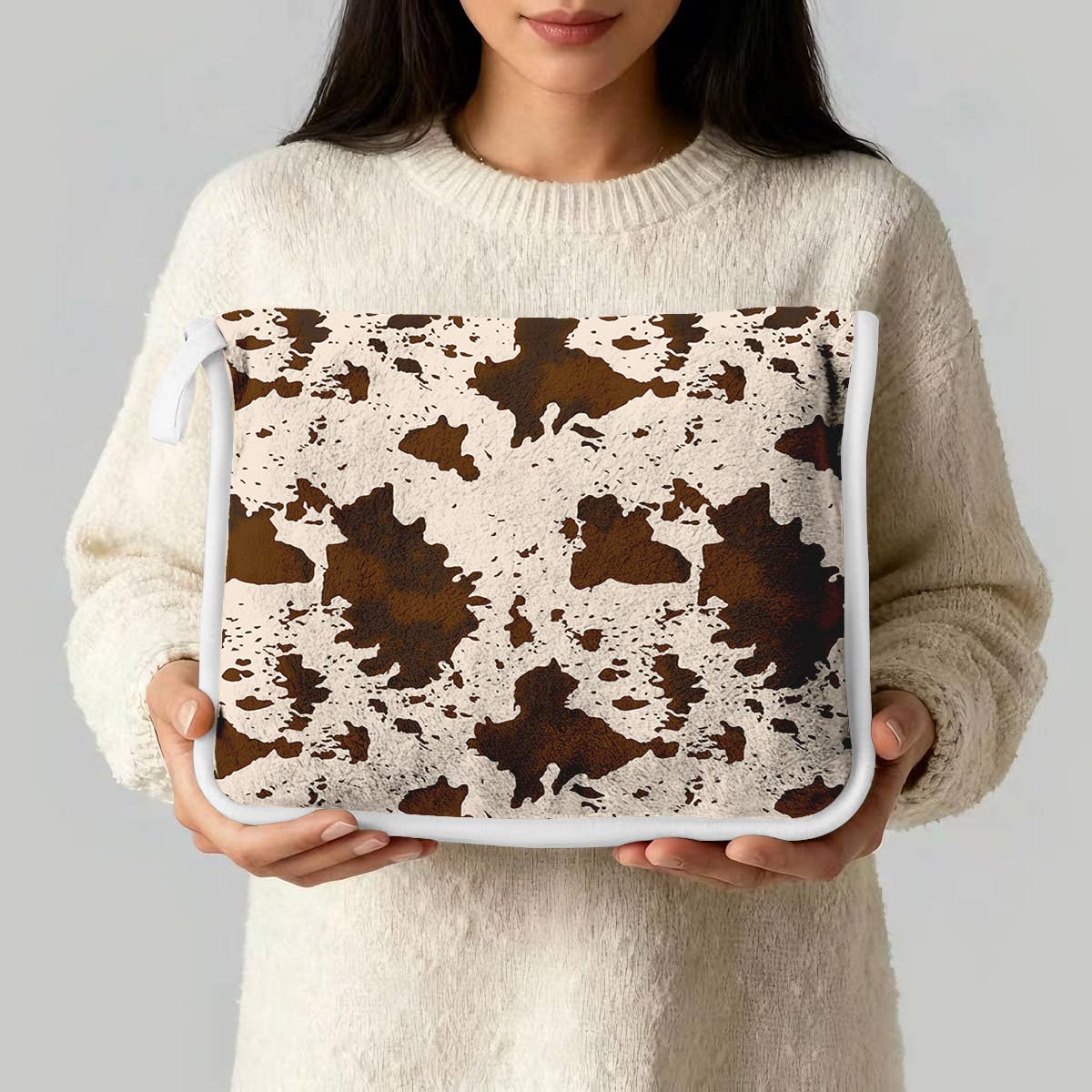 Brown Cowprint Plush Travel Throw Blanket with Matching Case
