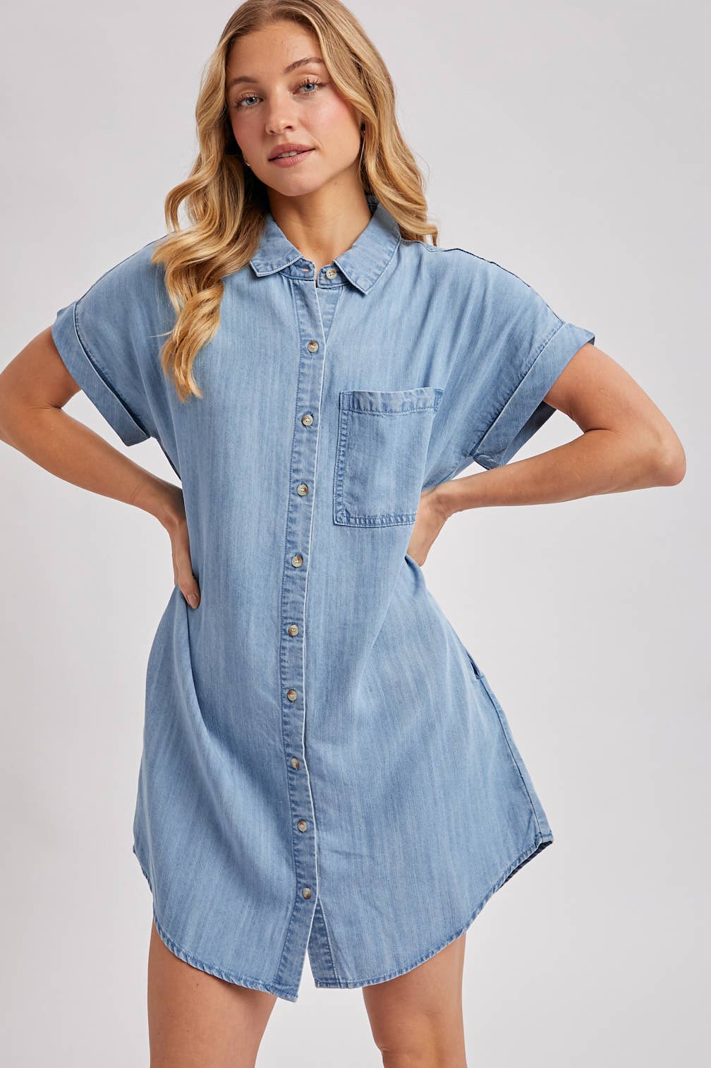 DENIM BUTTON DOWN SHIRT DRESS: LT.WASH