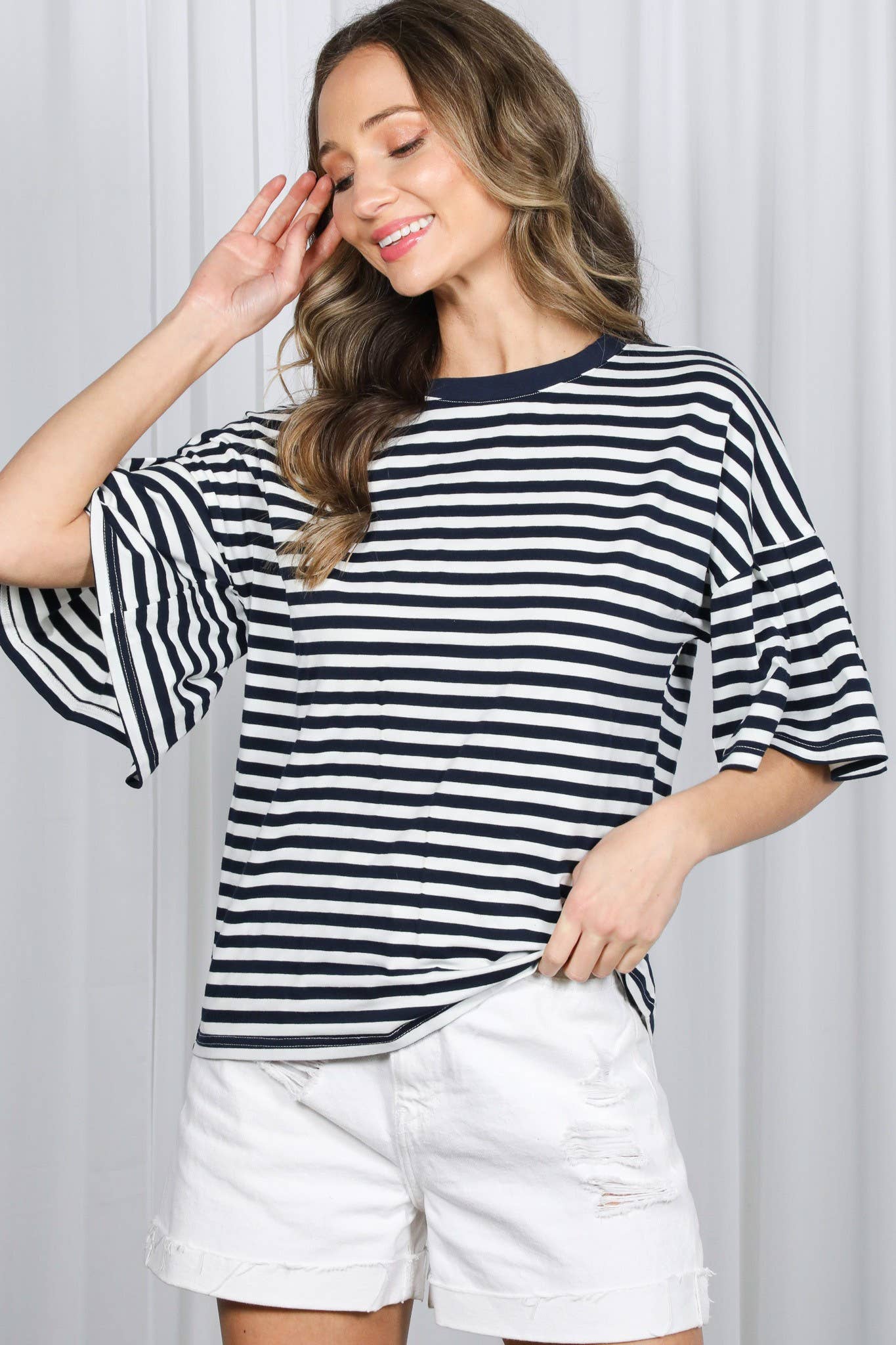 Pleated Flutter Sleeve Crew Neck Striped Knit Top: Navy
