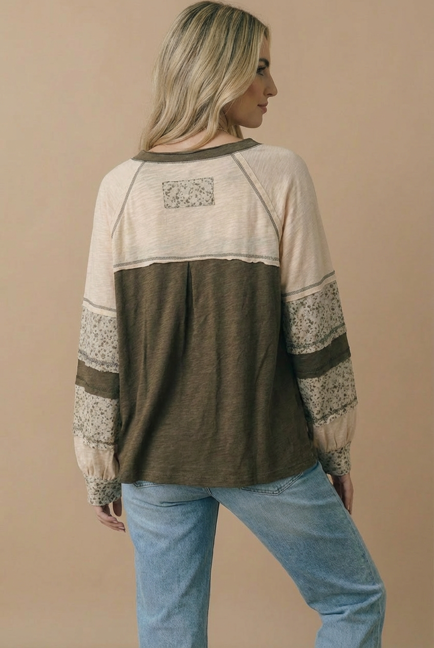 Round Neck Floral Color Block Cotton Slub Top: OLIVE