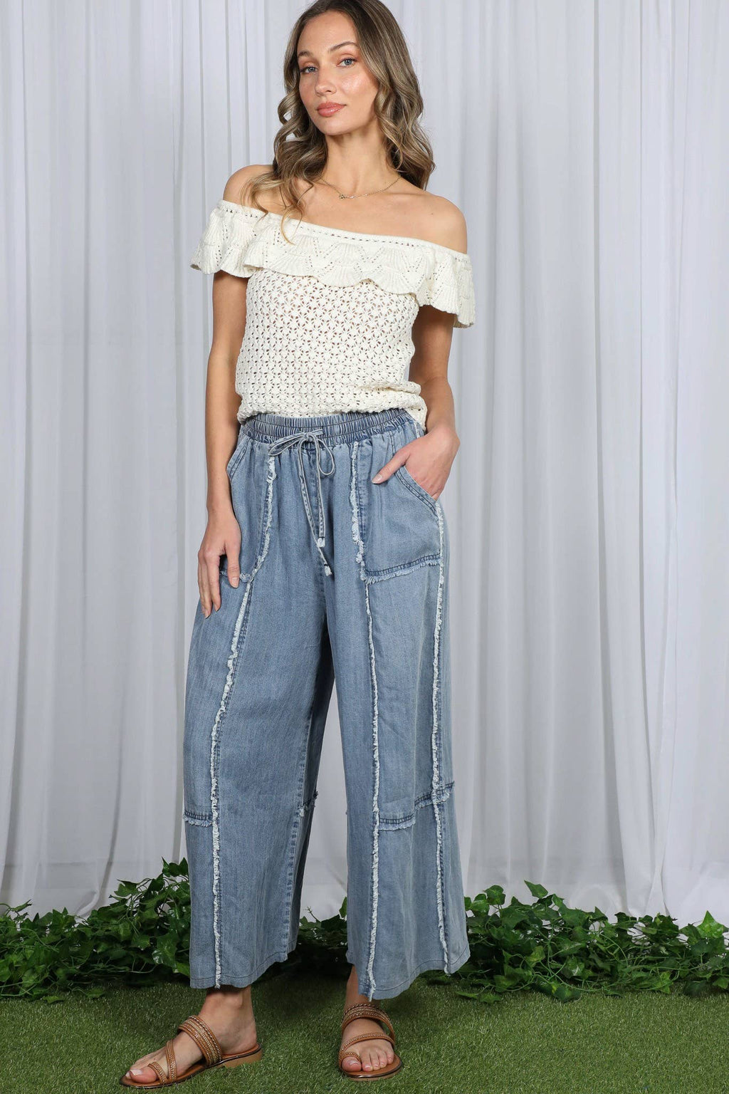 Self Fray 100%Tencel Chambray Washed Palazzo Pants: Washed Denim