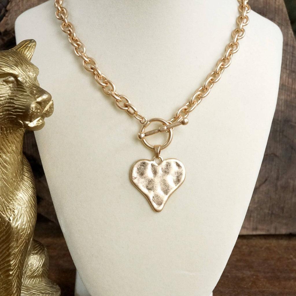Boho Hammered Heart Front Toggle Necklace – Silver Tone