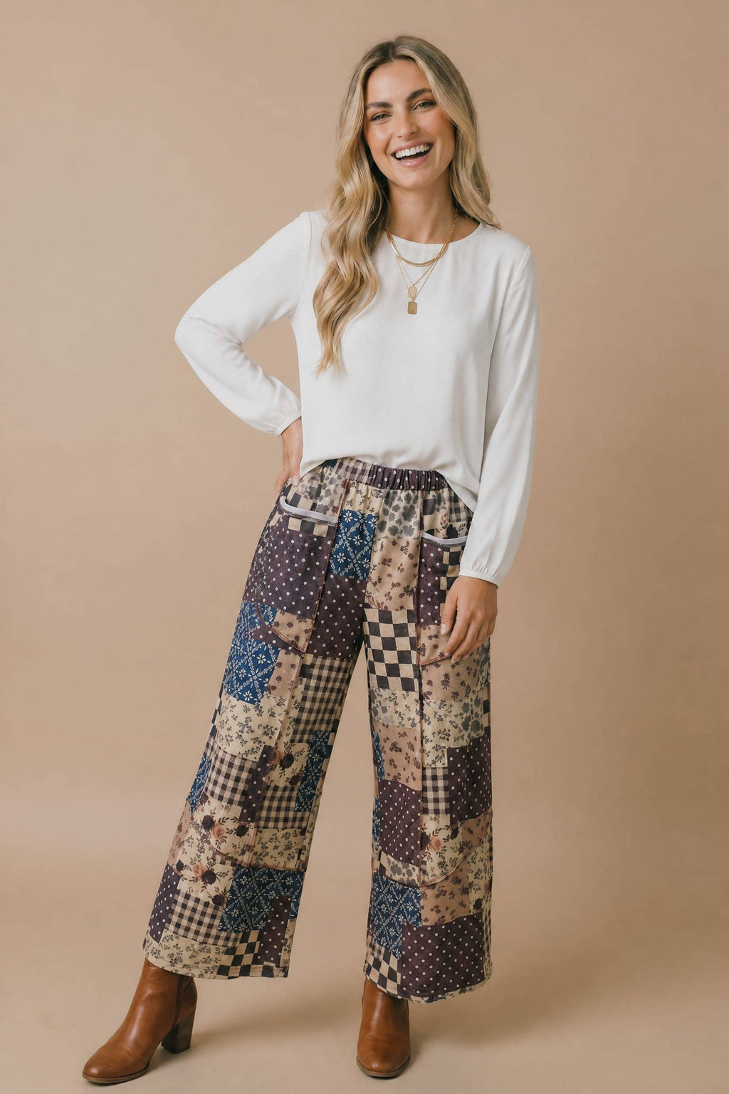 Patchwork Floral French Terry Pants: BROWN