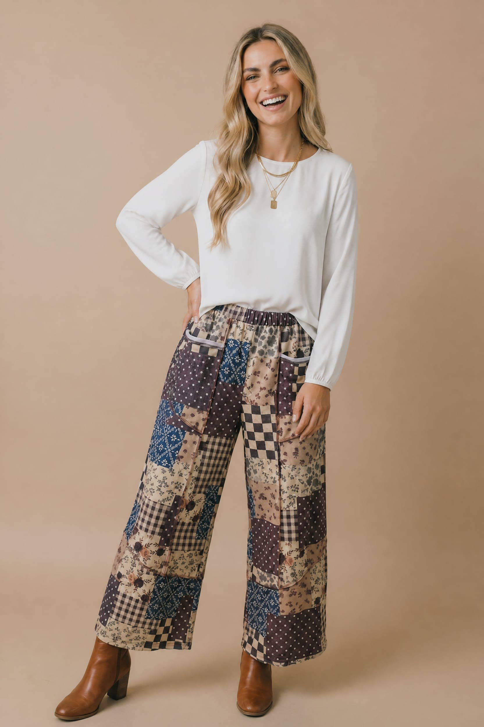 Patchwork Floral French Terry Pants: BROWN