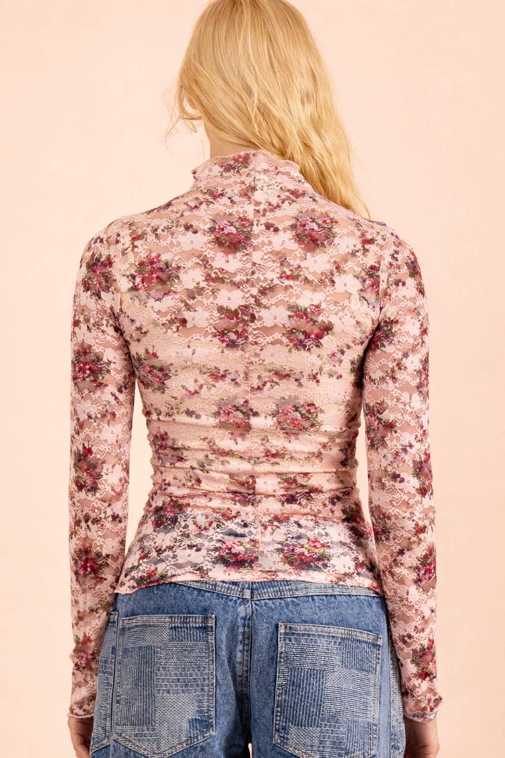 NEW IN — High Neck Fitted Sheer Mesh Lace Knit Top: BLUSH/CHERRY FLORAL
