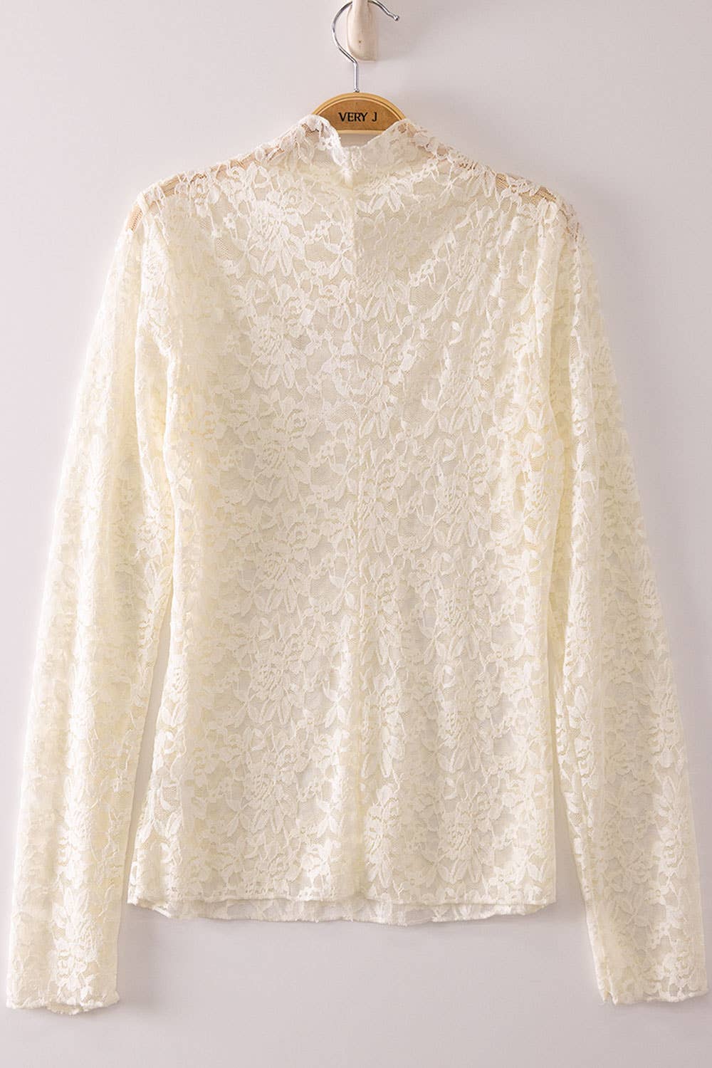 NEW IN — High Neck Fitted Sheer Mesh Lace Knit Top: IVORY SOLID