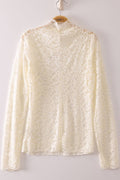 NEW IN — High Neck Fitted Sheer Mesh Lace Knit Top: IVORY SOLID